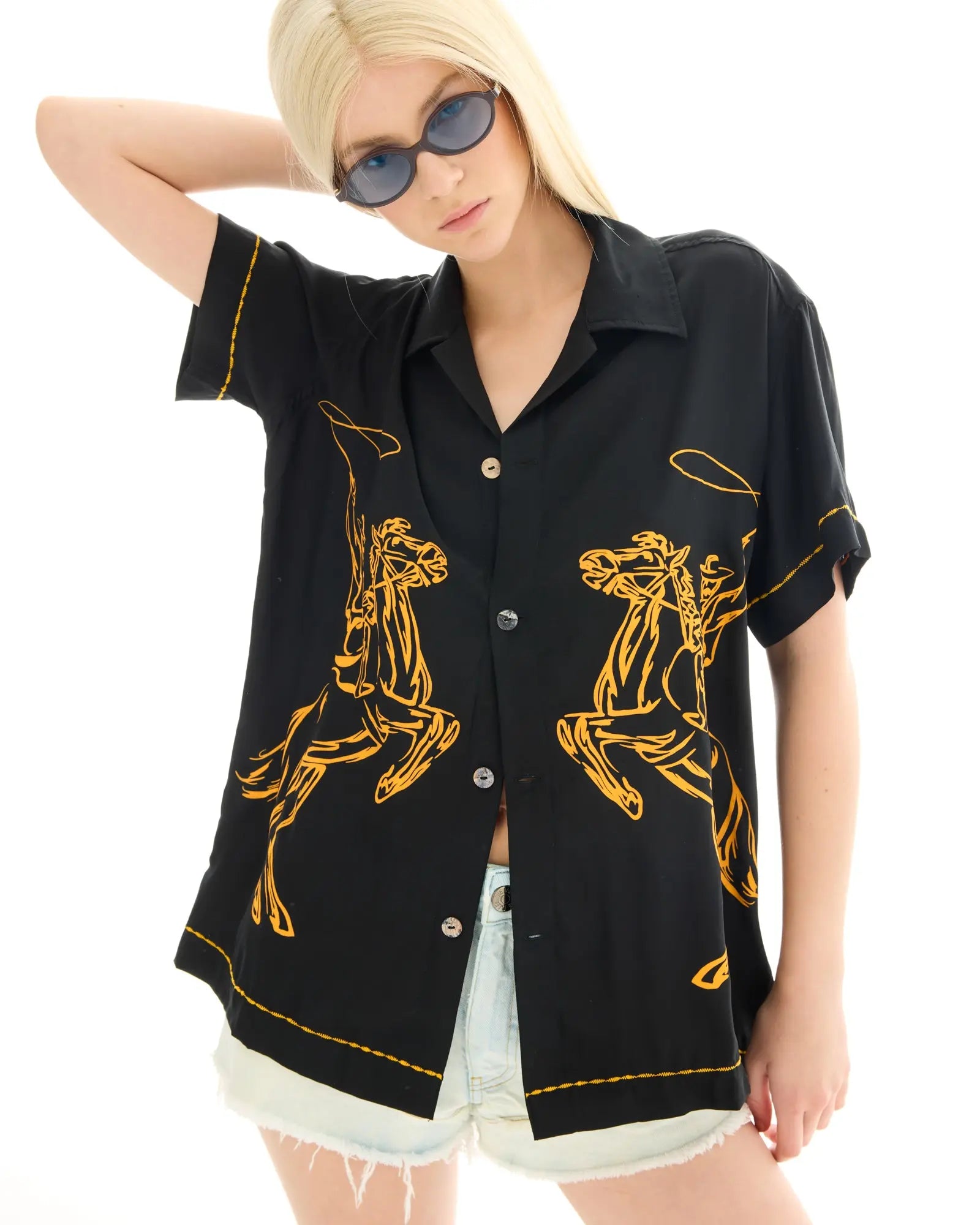 Cowboy Silk Shirt by THE TALES - black colorway editorial