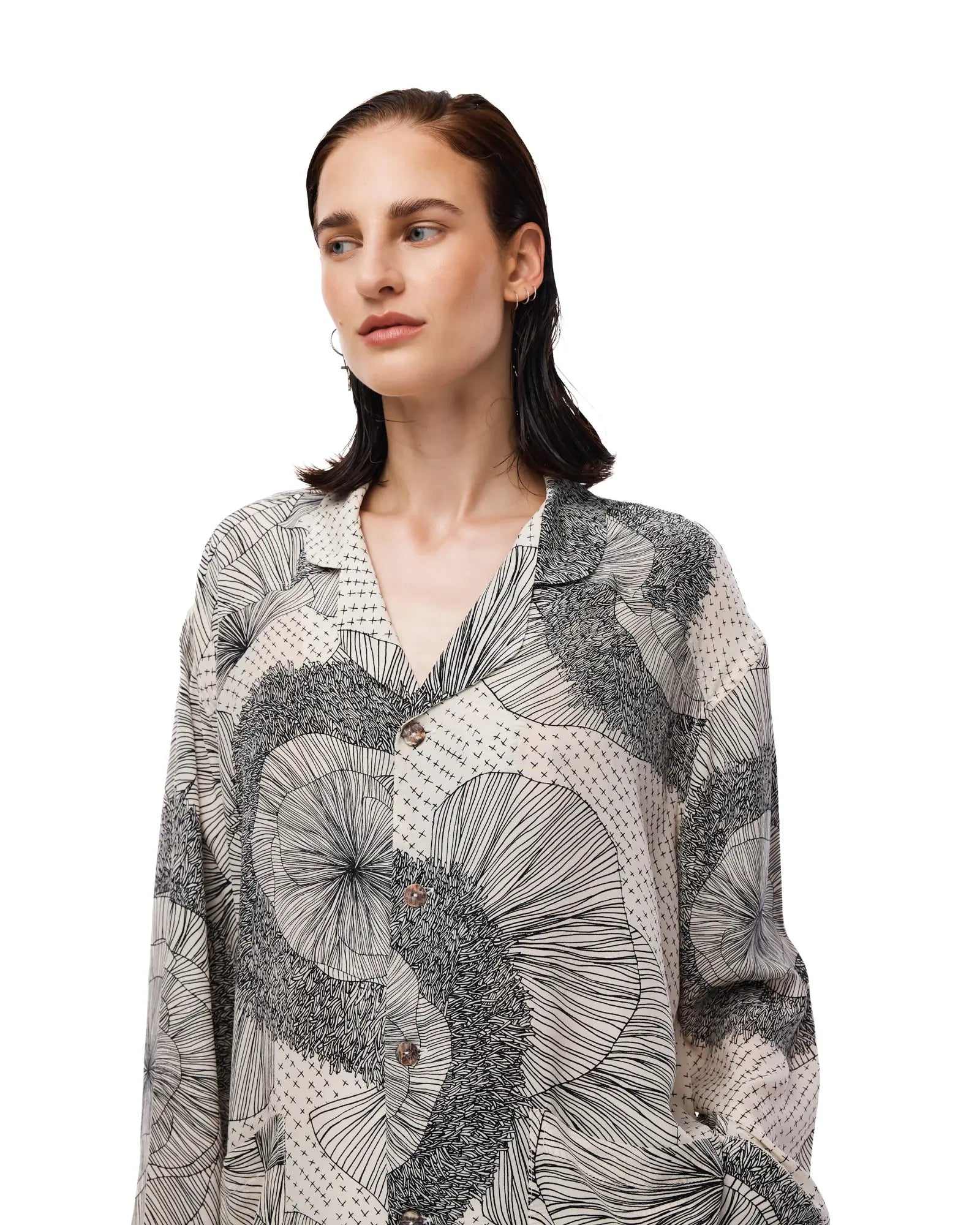 Illustrated Flower Crepe Peasant Shirt by THE TALES - side view