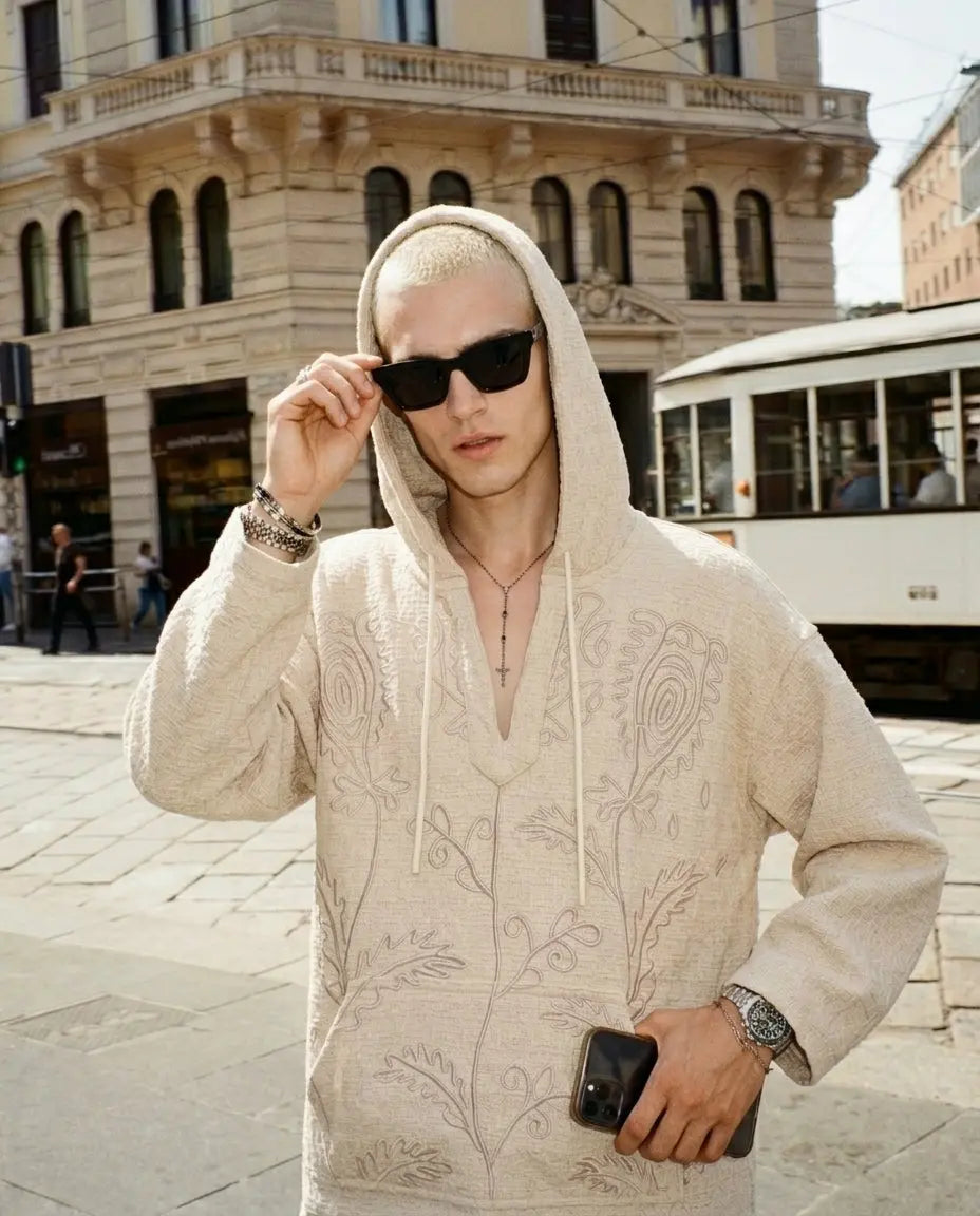 Textured Flower Embroidered Hooded Jacket by THE TALES - front view