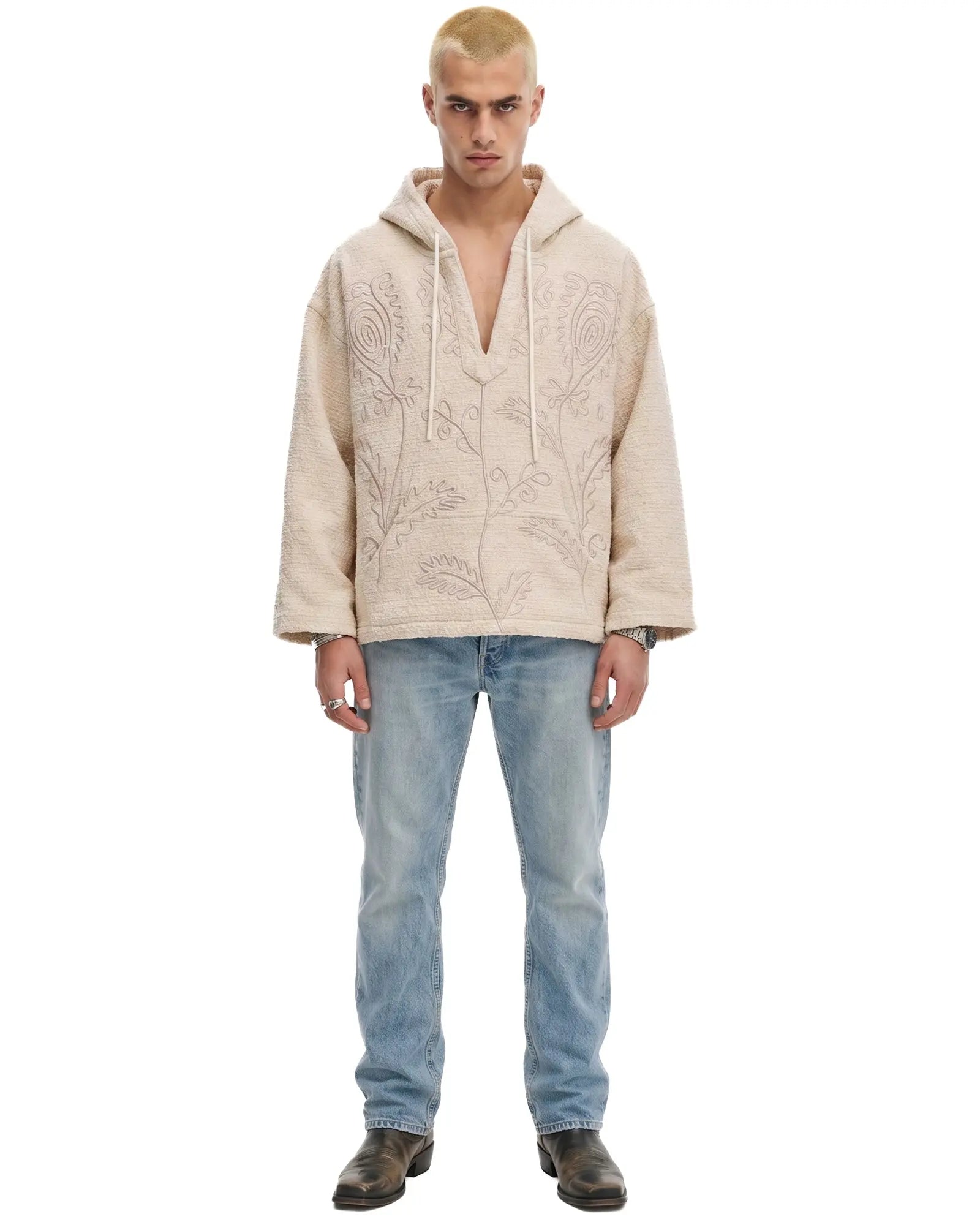 Textured Flower Embroidered Hooded Jacket by THE TALES - side view