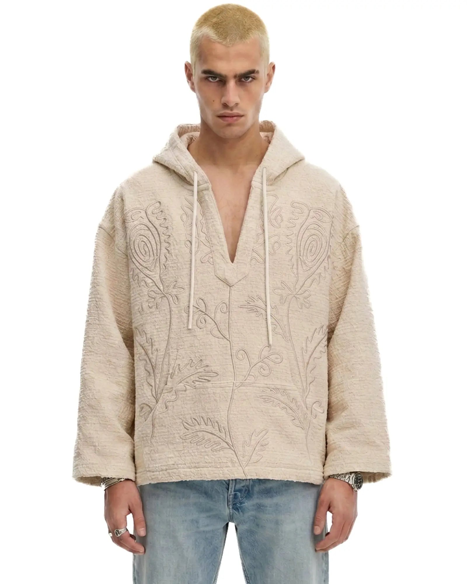 Textured Flower Embroidered Hooded Jacket by THE TALES - back view