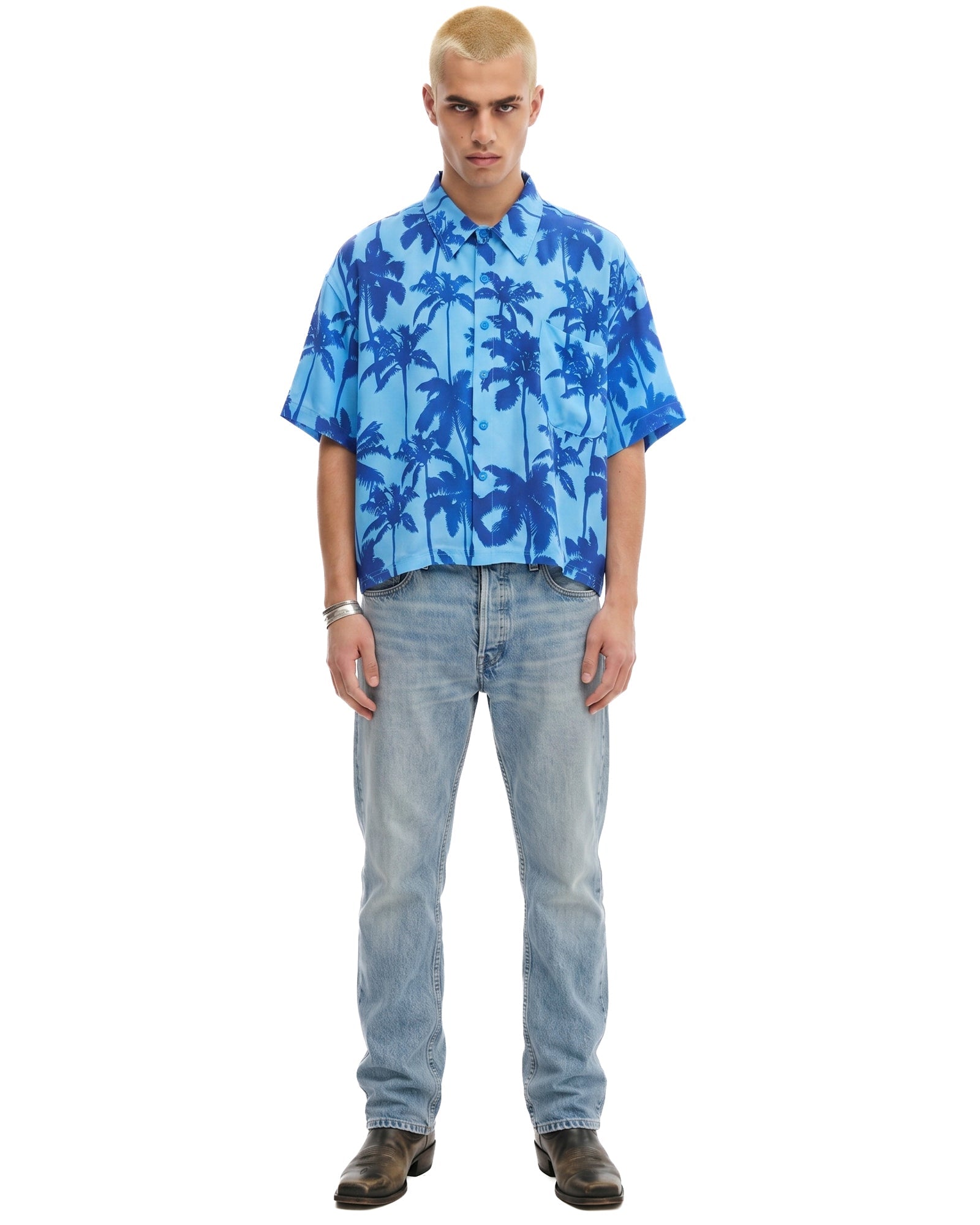 Blue Palm Oversized Silk Shirt THE TALES