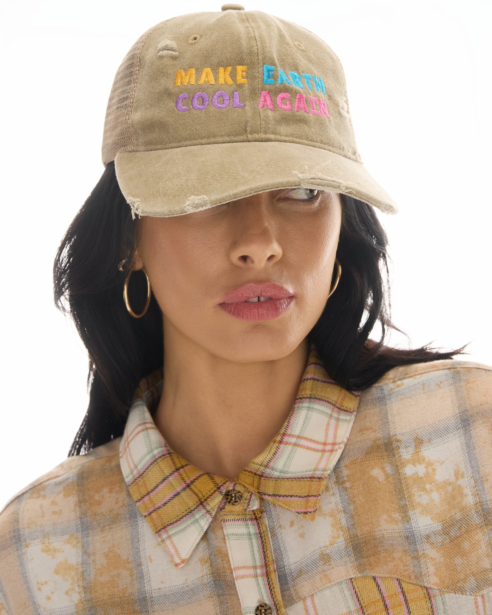 Make Earth Cool Again Destroyed Trucker Cap by THE TALES - detail view