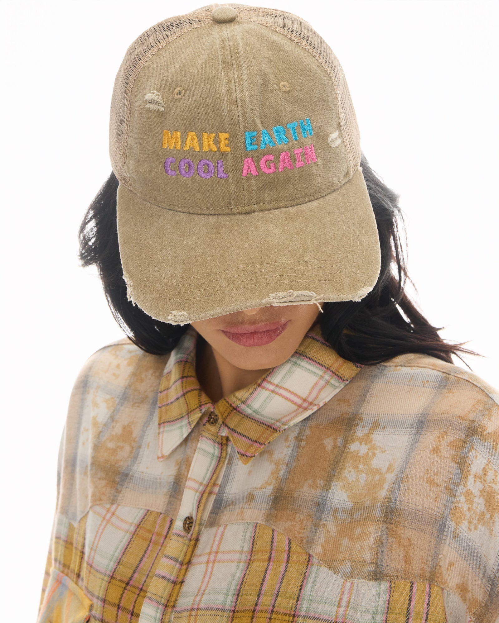 Make Earth Cool Again Destroyed Trucker Cap by THE TALES - back view