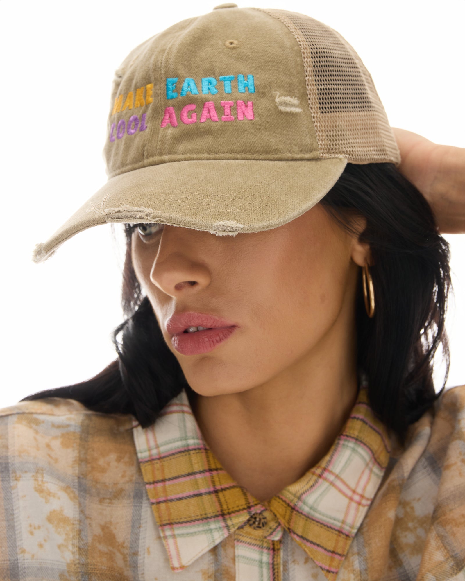 Make Earth Cool Again Destroyed Trucker Cap by THE TALES - product photo
