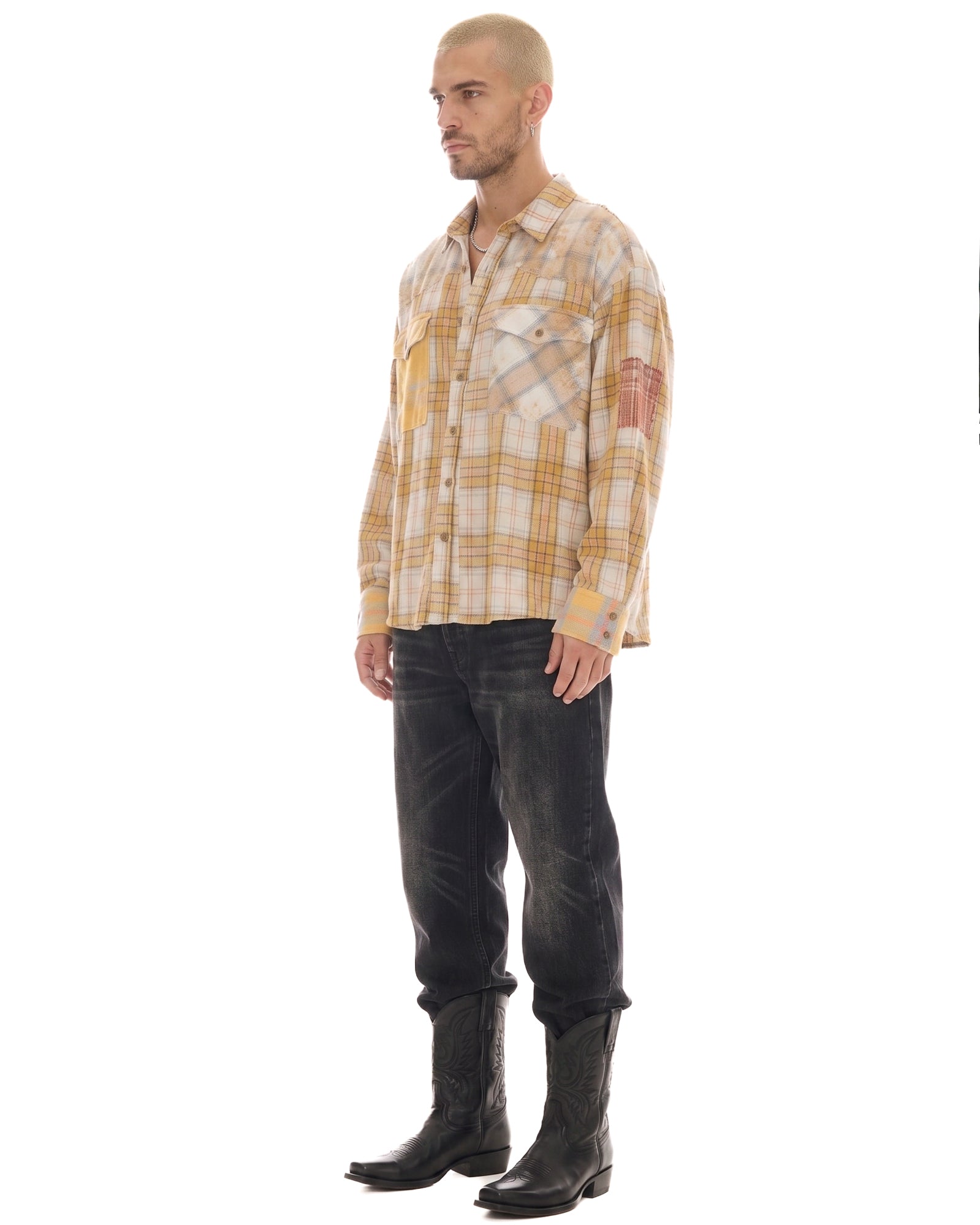Patched Up Yellow Flannel Western Shirt