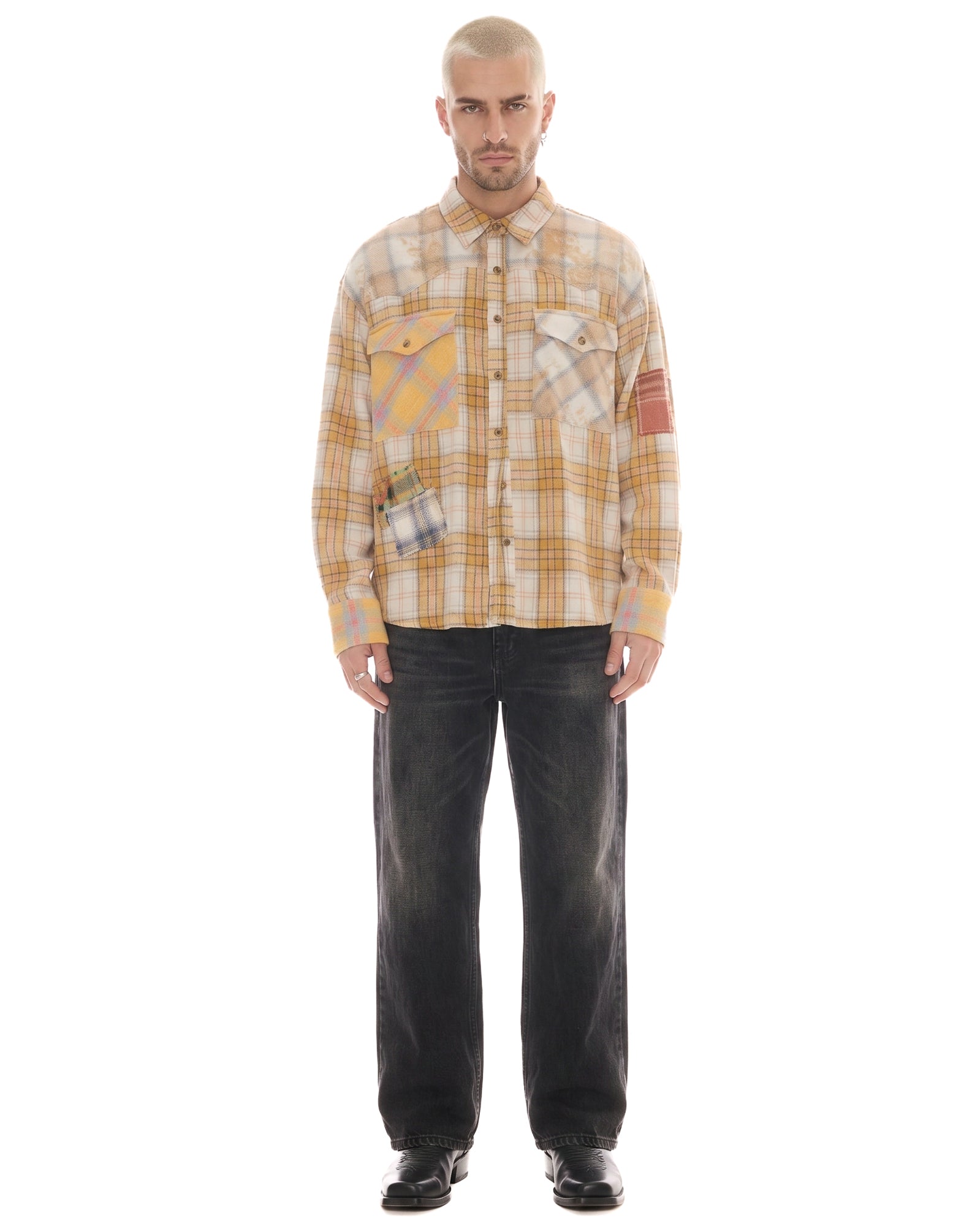 Patched Up Yellow Flannel Western Shirt