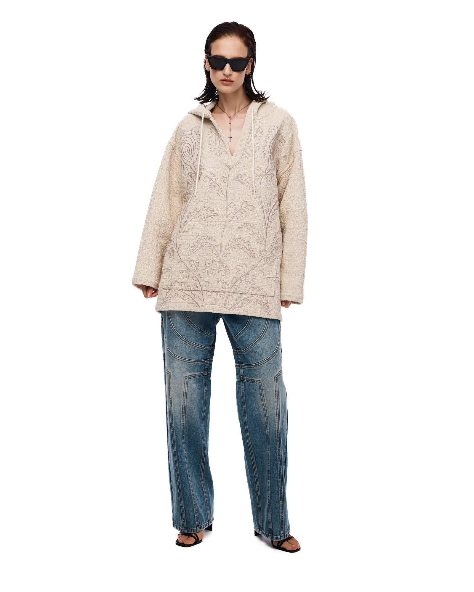Textured Flower Embroidered Hooded Jacket by THE TALES - detail view