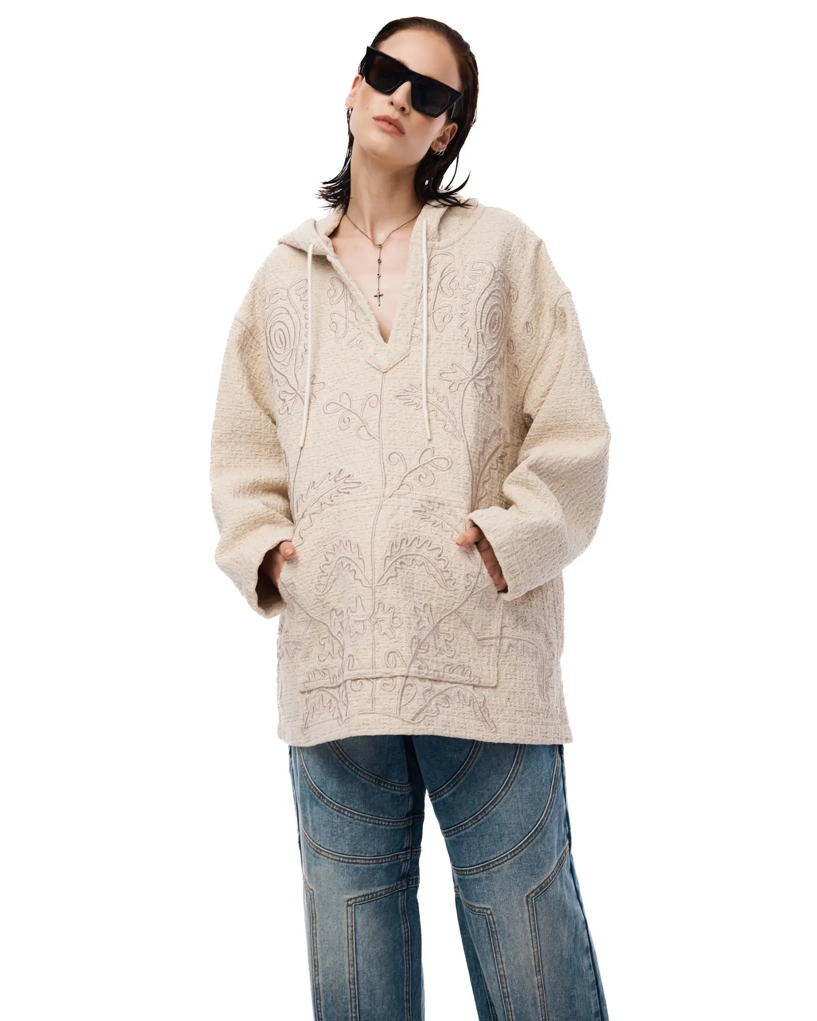 Textured Flower Embroidered Hooded Jacket by THE TALES - product photo