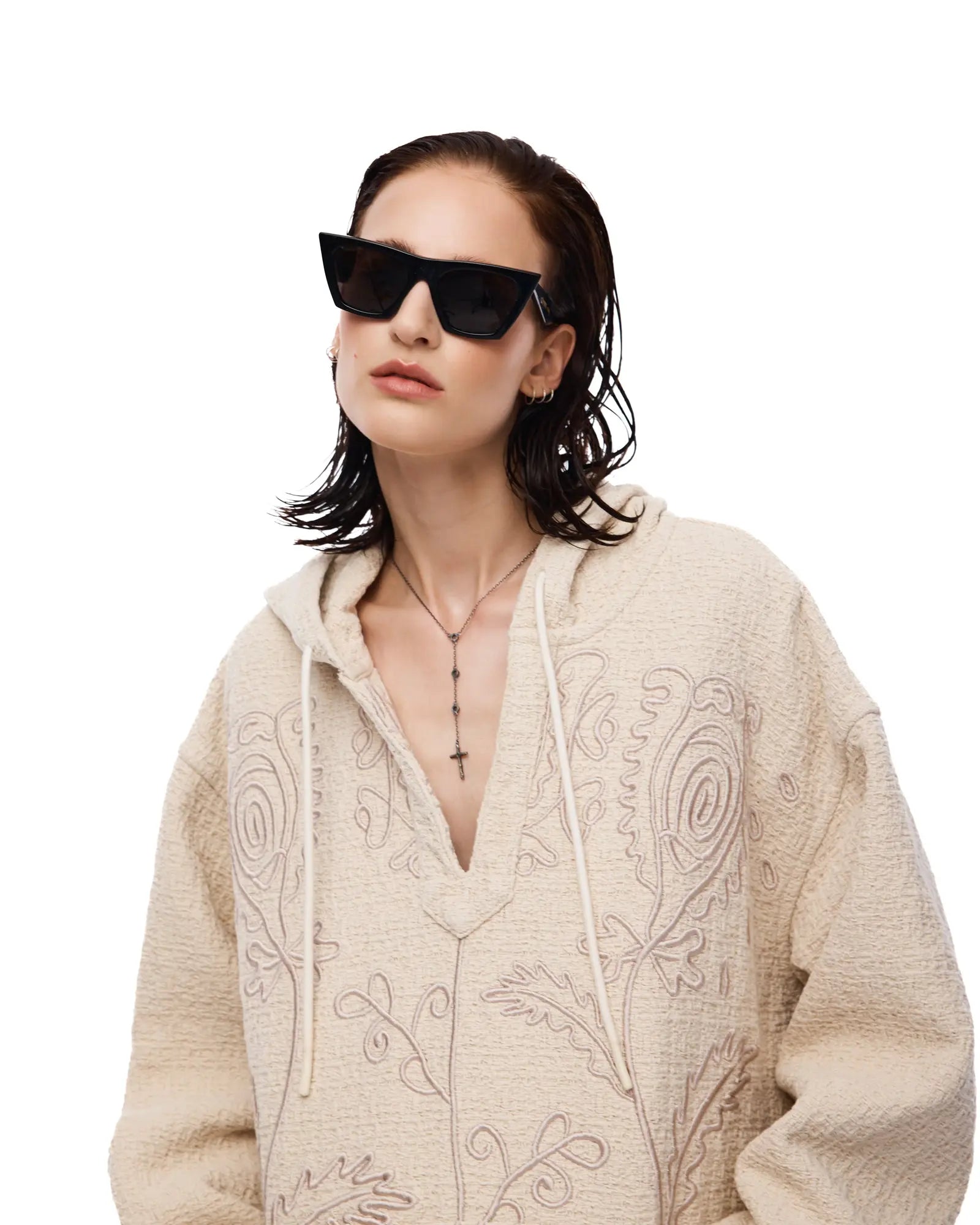 Textured Flower Embroidered Hooded Jacket by THE TALES - product photo