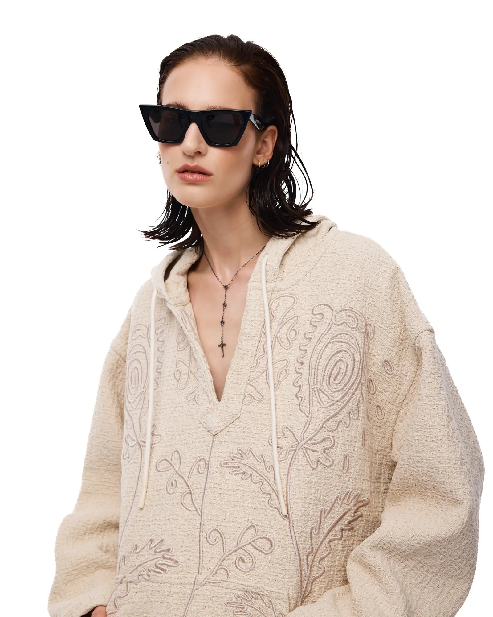 Textured Flower Embroidered Hooded Jacket by THE TALES - product photo