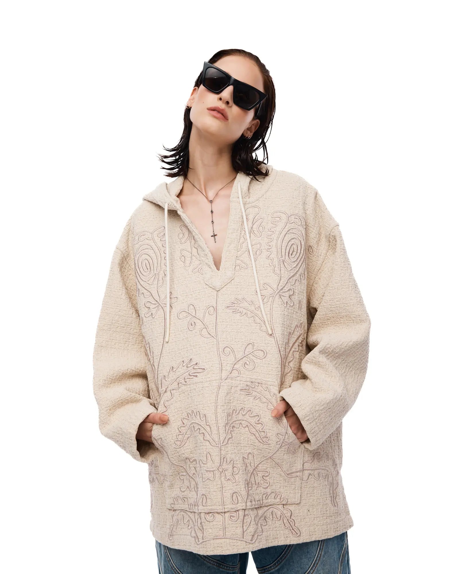 Textured Flower Embroidered Hooded Jacket by THE TALES - product photo