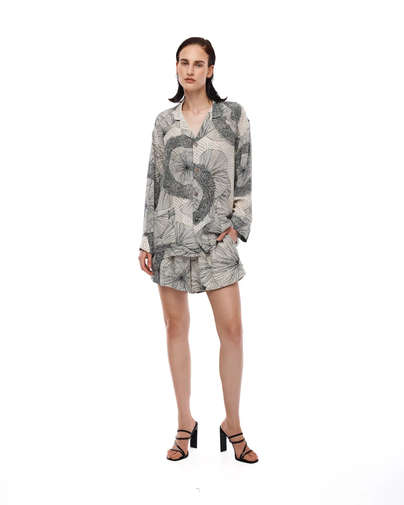 Illustrated Flower Crepe Peasant Shirt by THE TALES - detail view