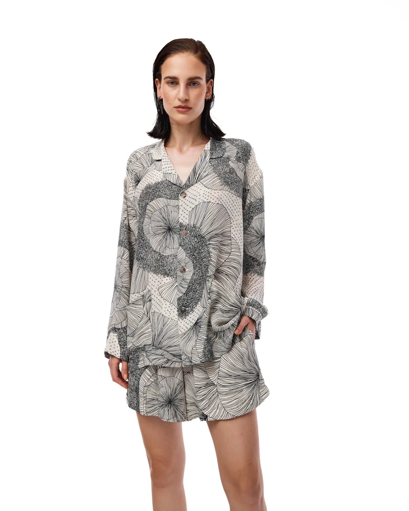 Illustrated Flower Crepe Peasant Shirt by THE TALES - product photo