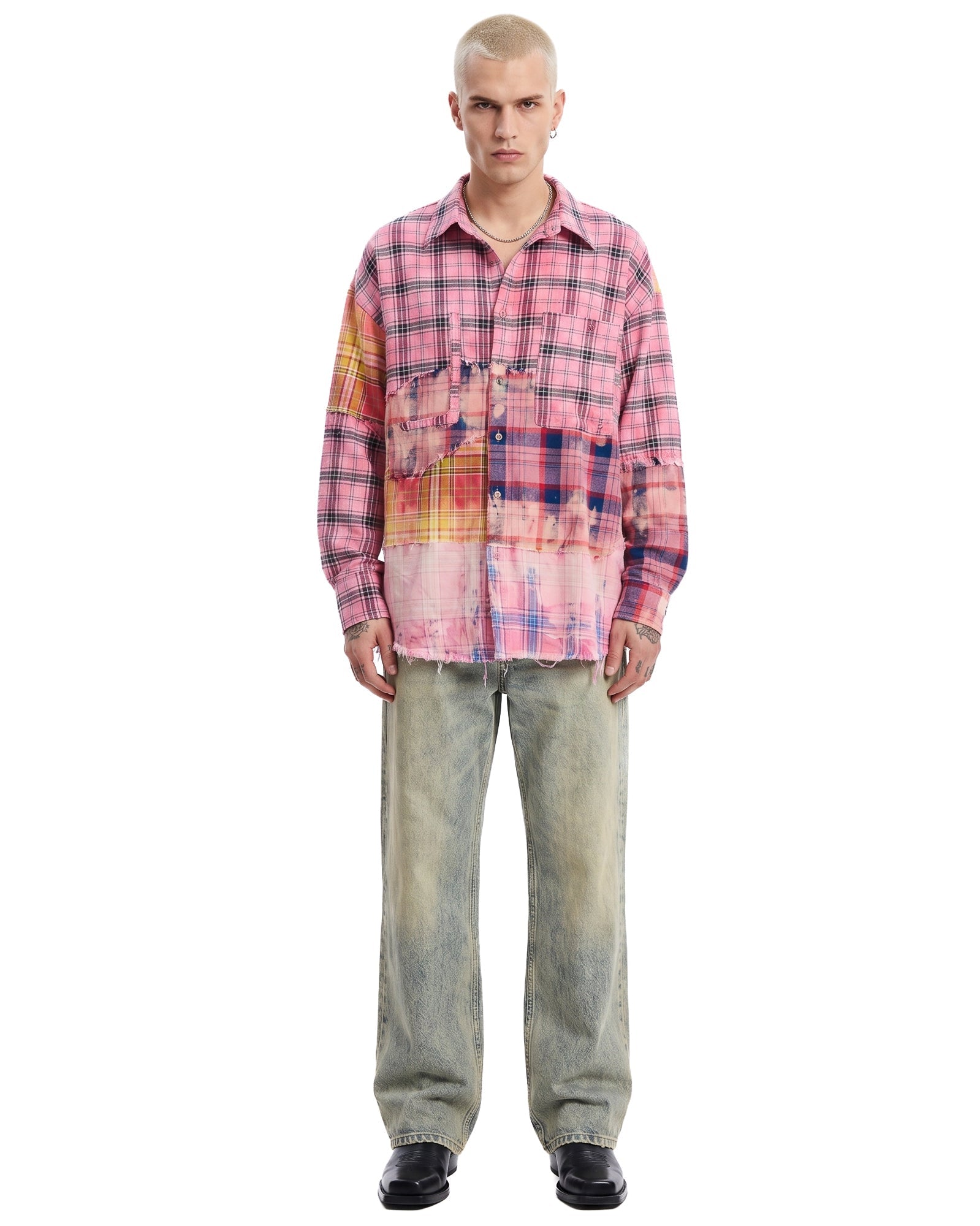 Reworked And Destroyed Mixed Check Shirt by THE TALES - front view