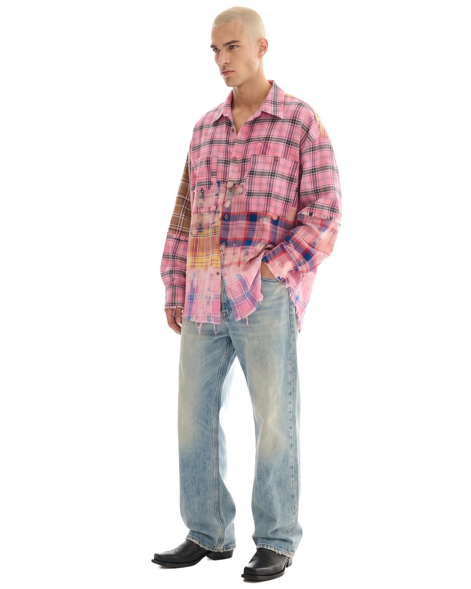 Reworked And Destroyed Mixed Check Shirt by THE TALES - back view