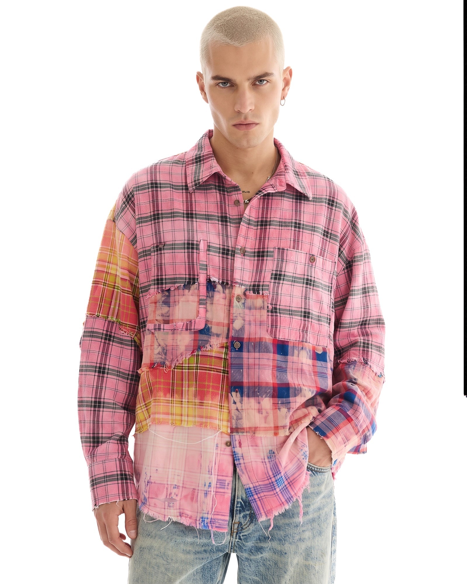 Reworked And Destroyed Mixed Check Shirt by THE TALES - side view