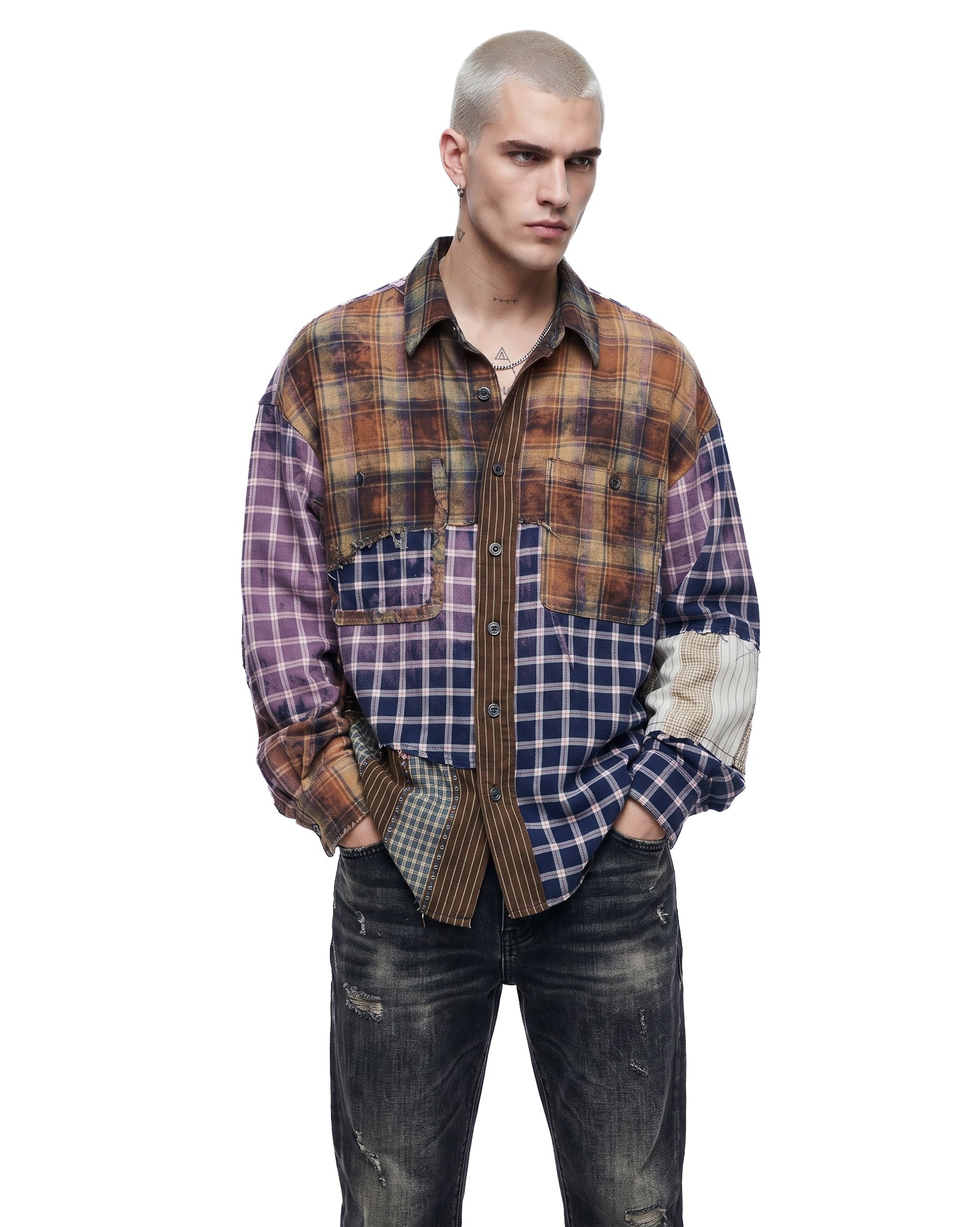 Reworked and Destroyed Mixed Check Shirt by THE TALES - front view