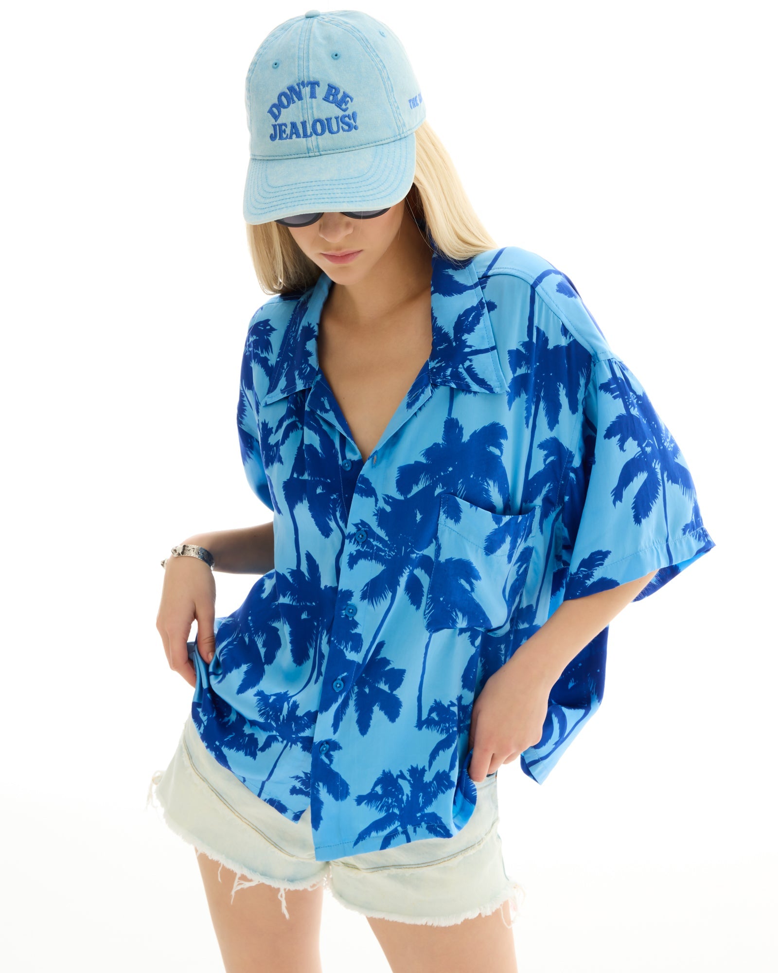 Blue Palm Oversized Silk Shirt THE TALES