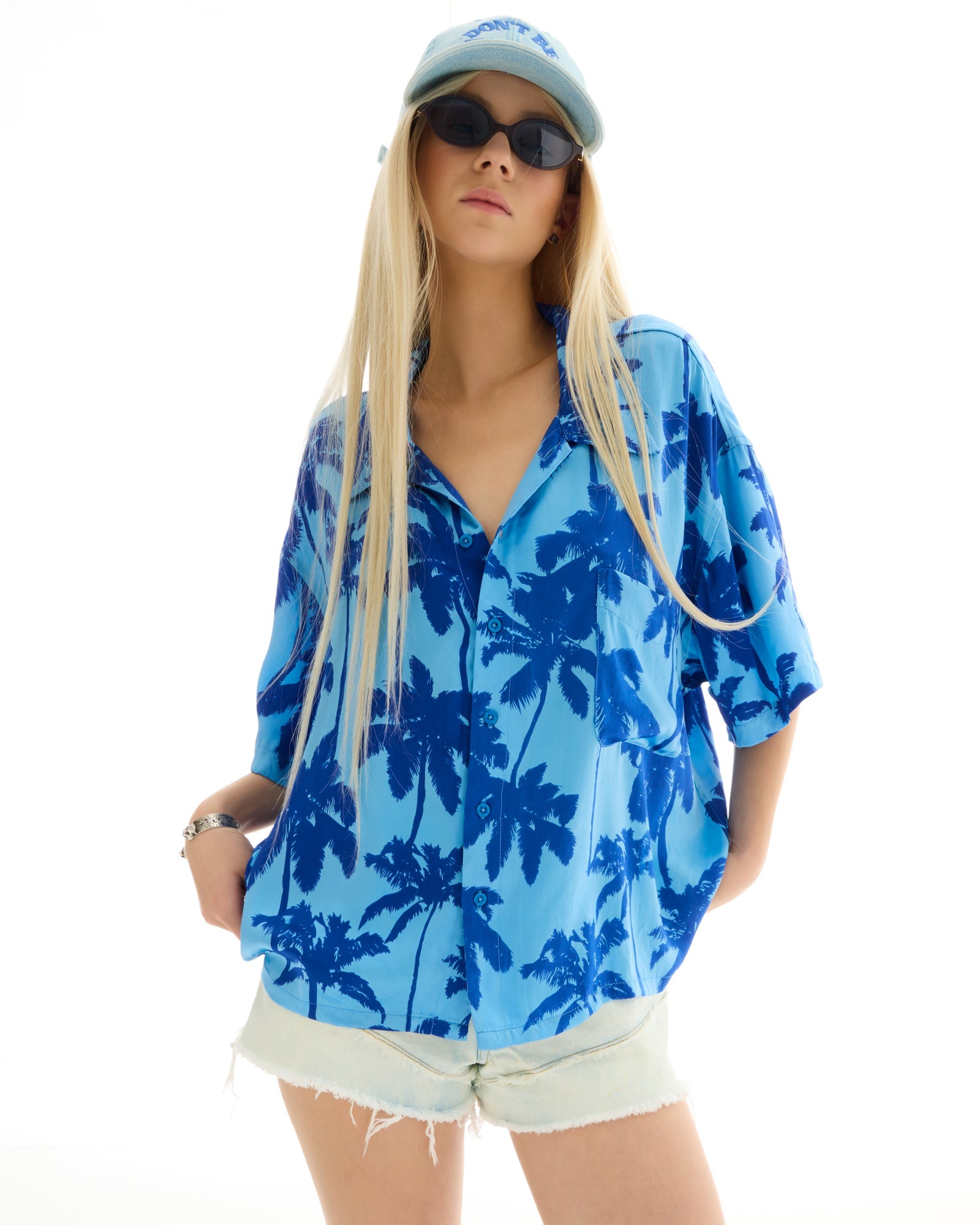 Blue Palm Oversized Silk Shirt THE TALES