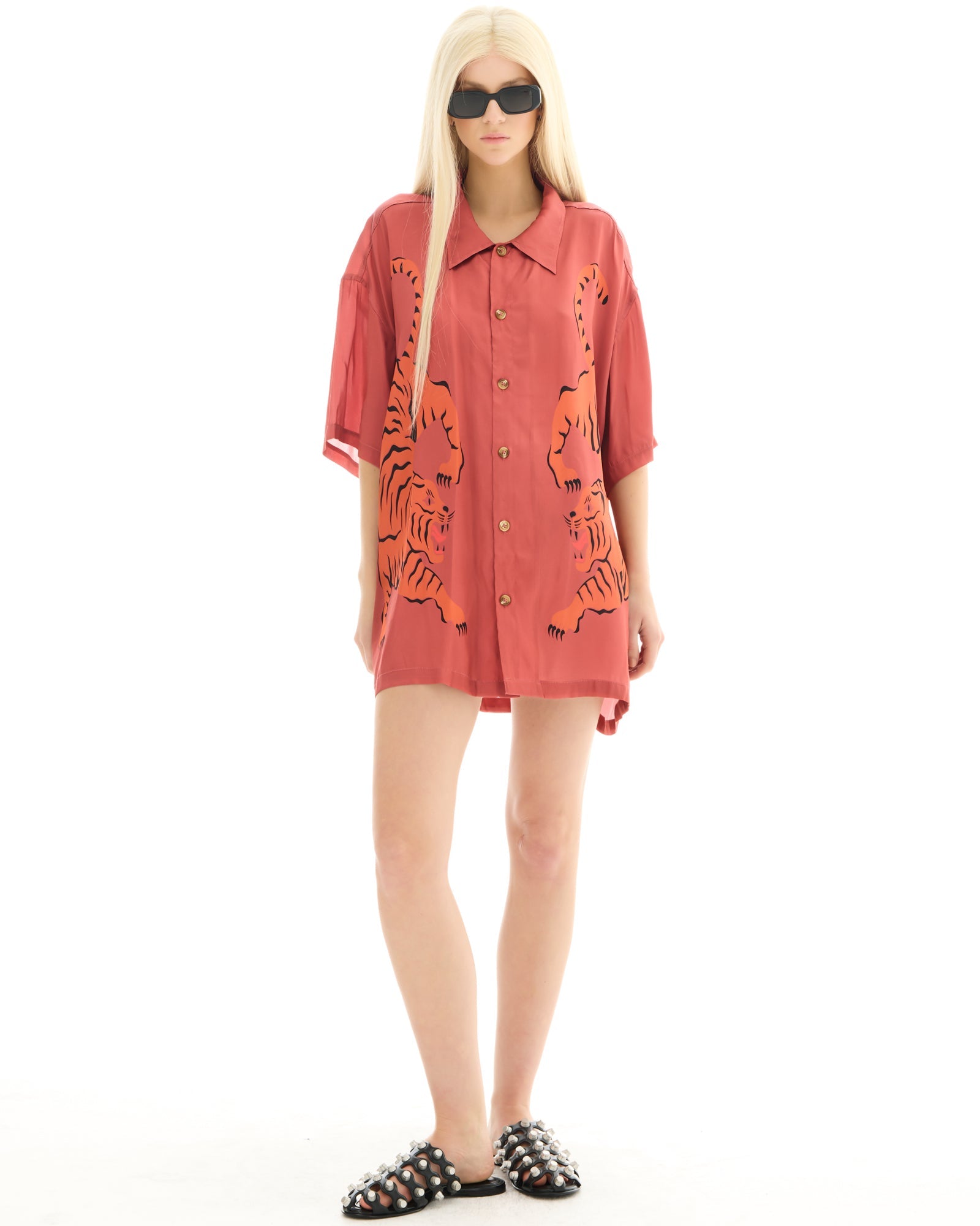 Crouching Tiger Silk Shirt Dress by THE TALES - front view