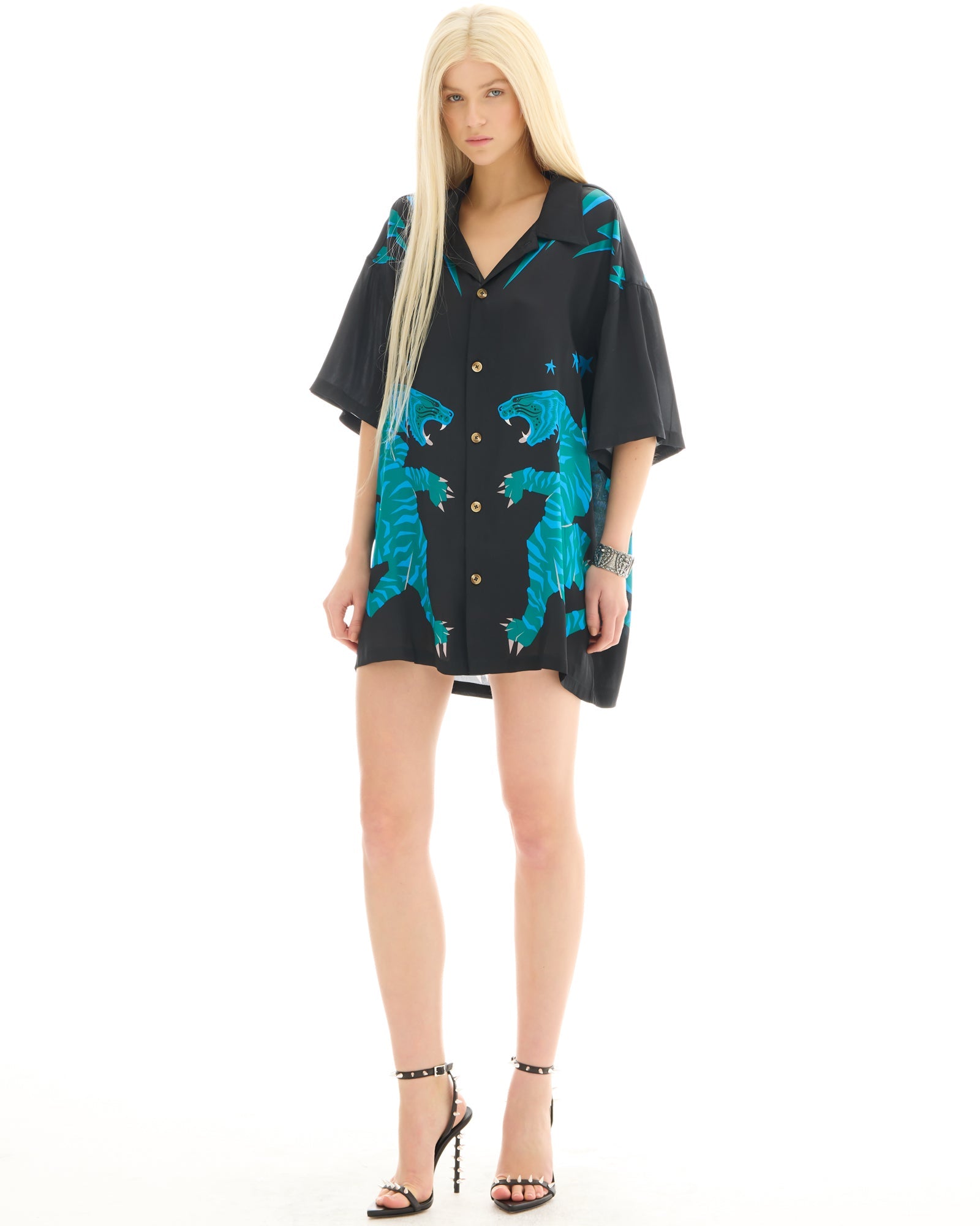 Osaka Tiger Silk Shirt Dress by THE TALES - front view