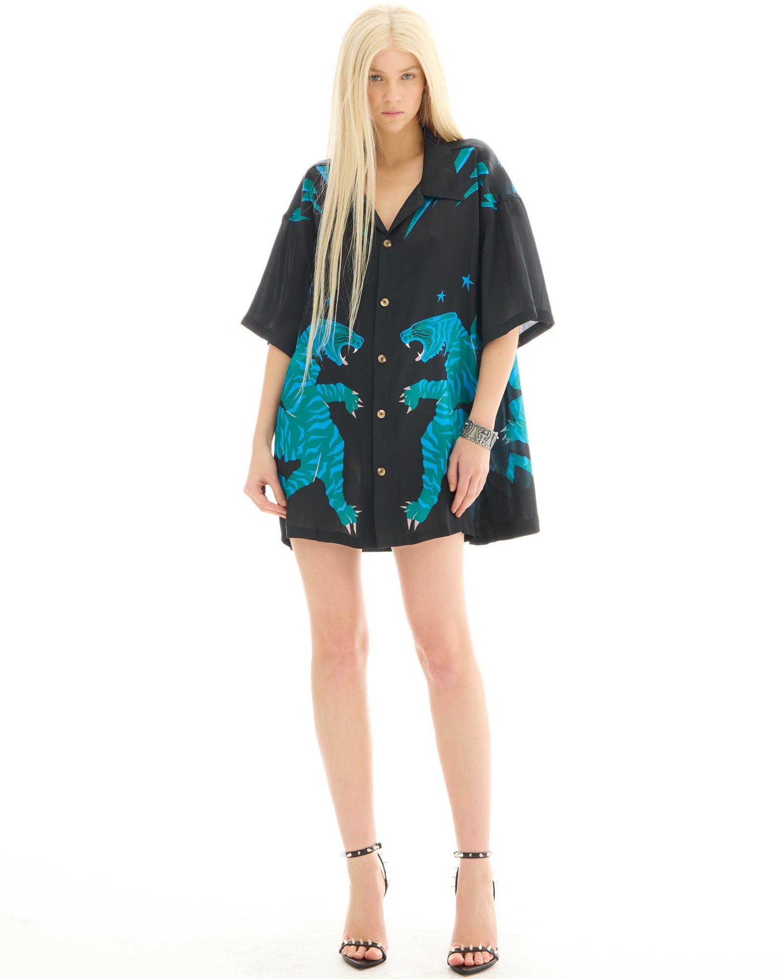 Osaka Tiger Silk Shirt Dress by THE TALES - close-up detail