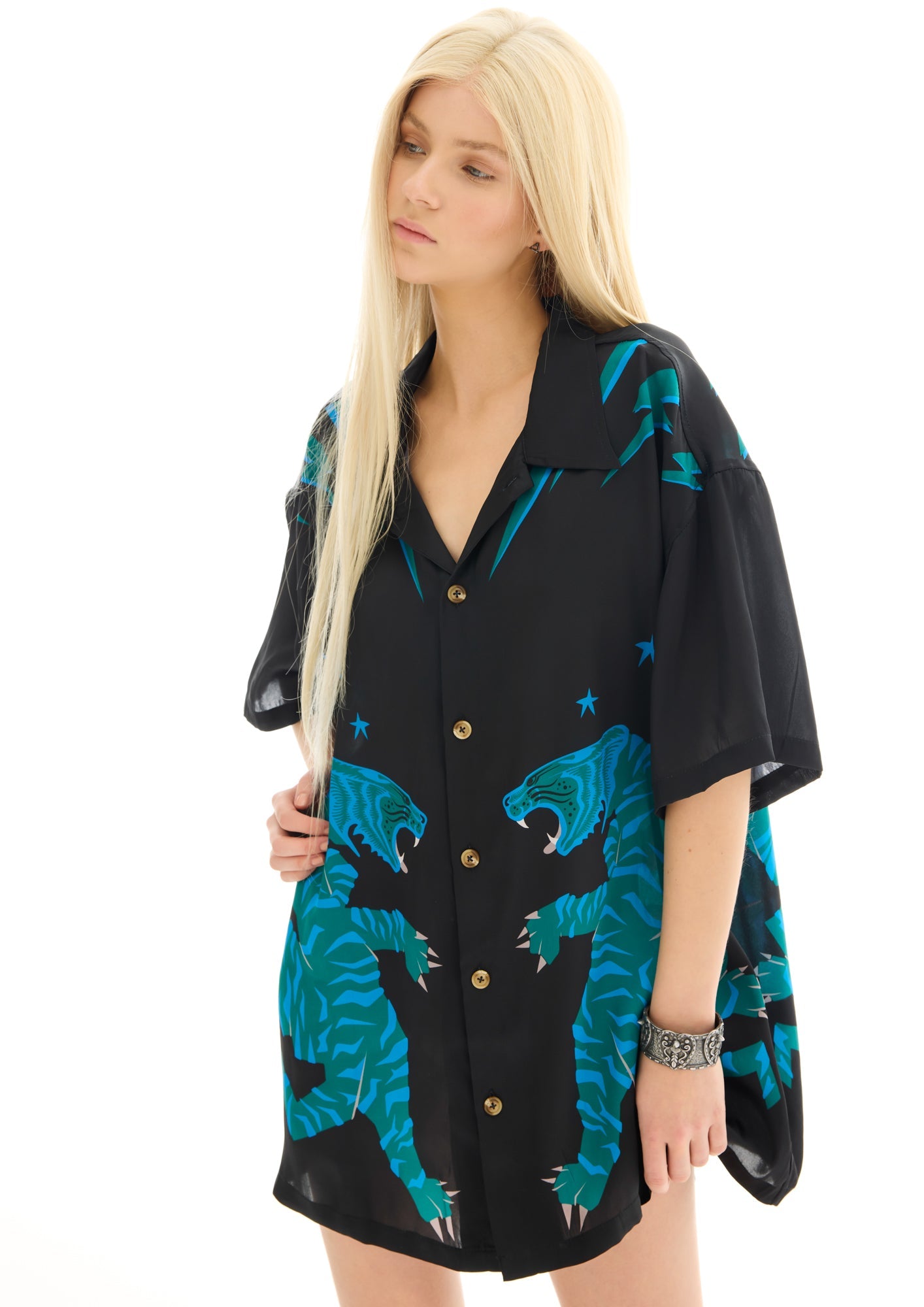 Osaka Tiger Silk Shirt Dress by THE TALES - side view