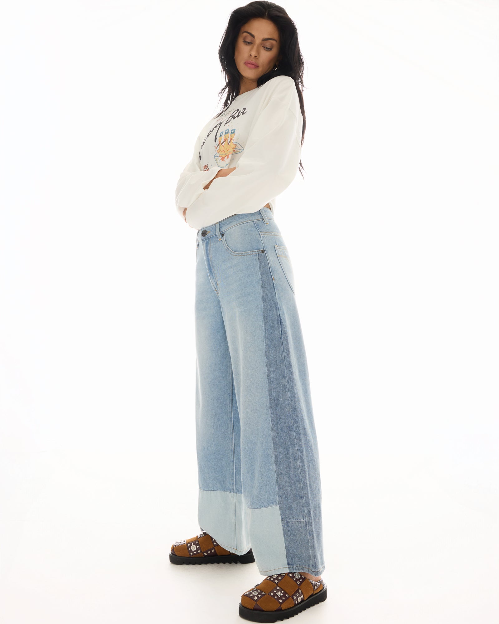 Farrah Wide Leg Patch-Worked Denim Jeans by THE TALES - back view