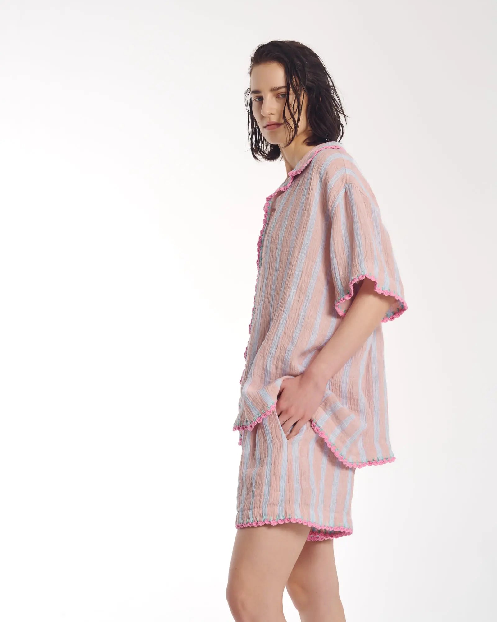 Hand Crochet Trimmed Stripe Linen Shorts by THE TALES - product photo