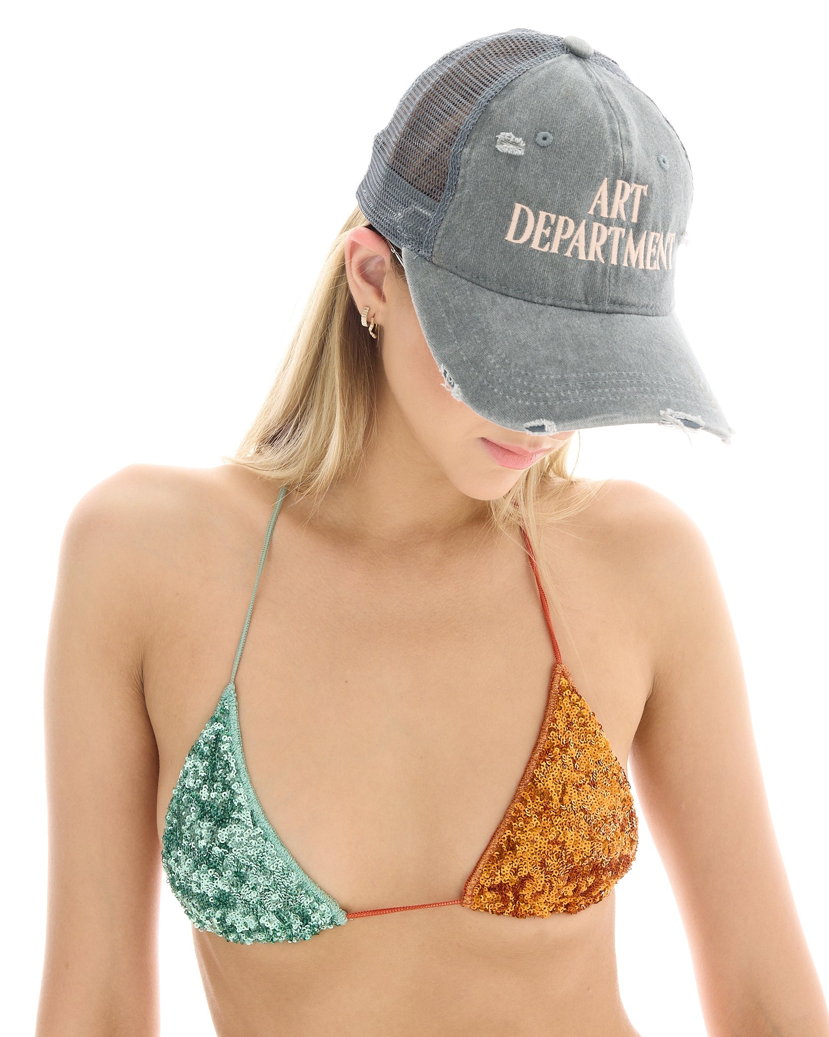 Destroyed Art Department Grey Trucker Cap by THE TALES - front view
