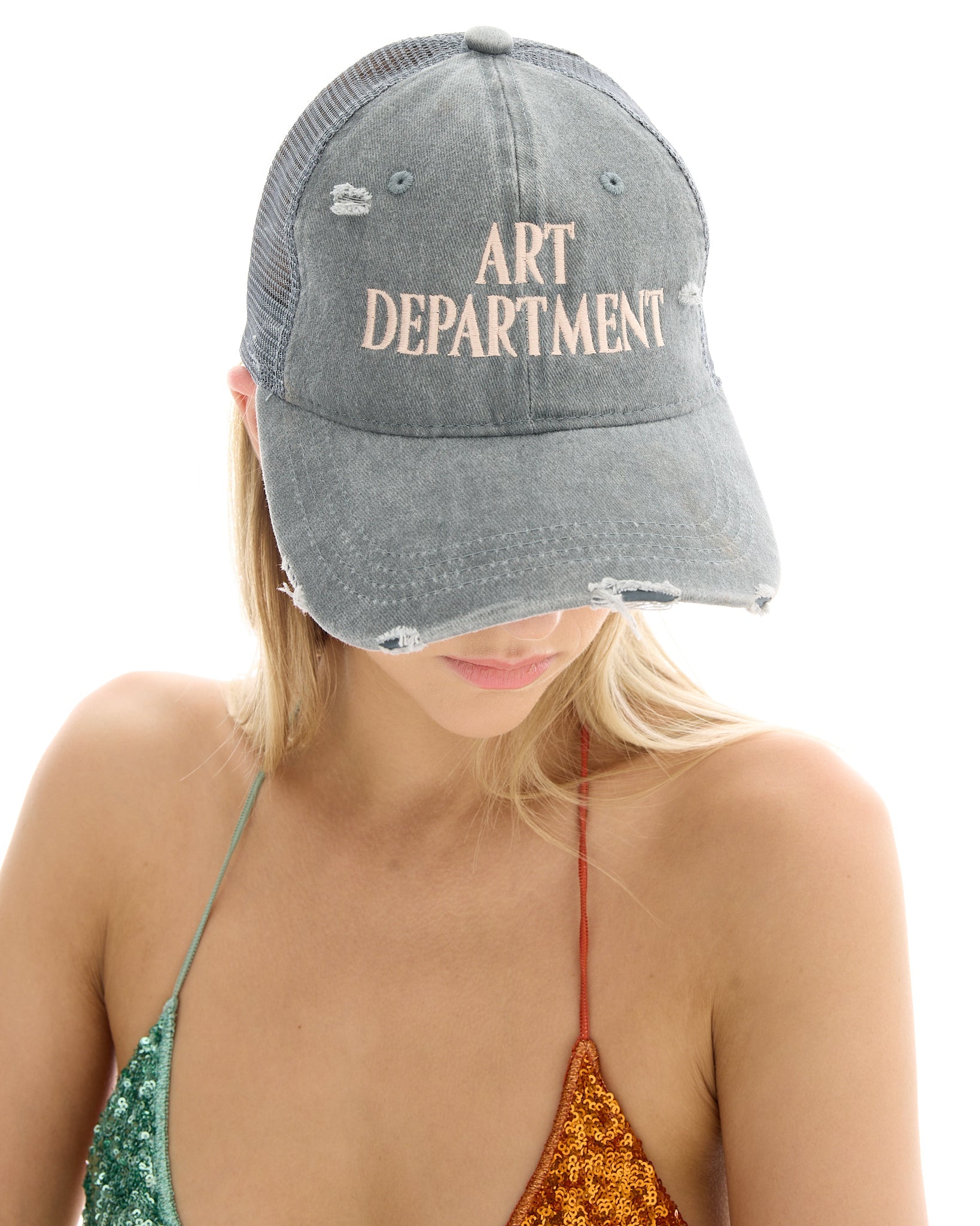 Destroyed Art Department Grey Trucker Cap by THE TALES - back view