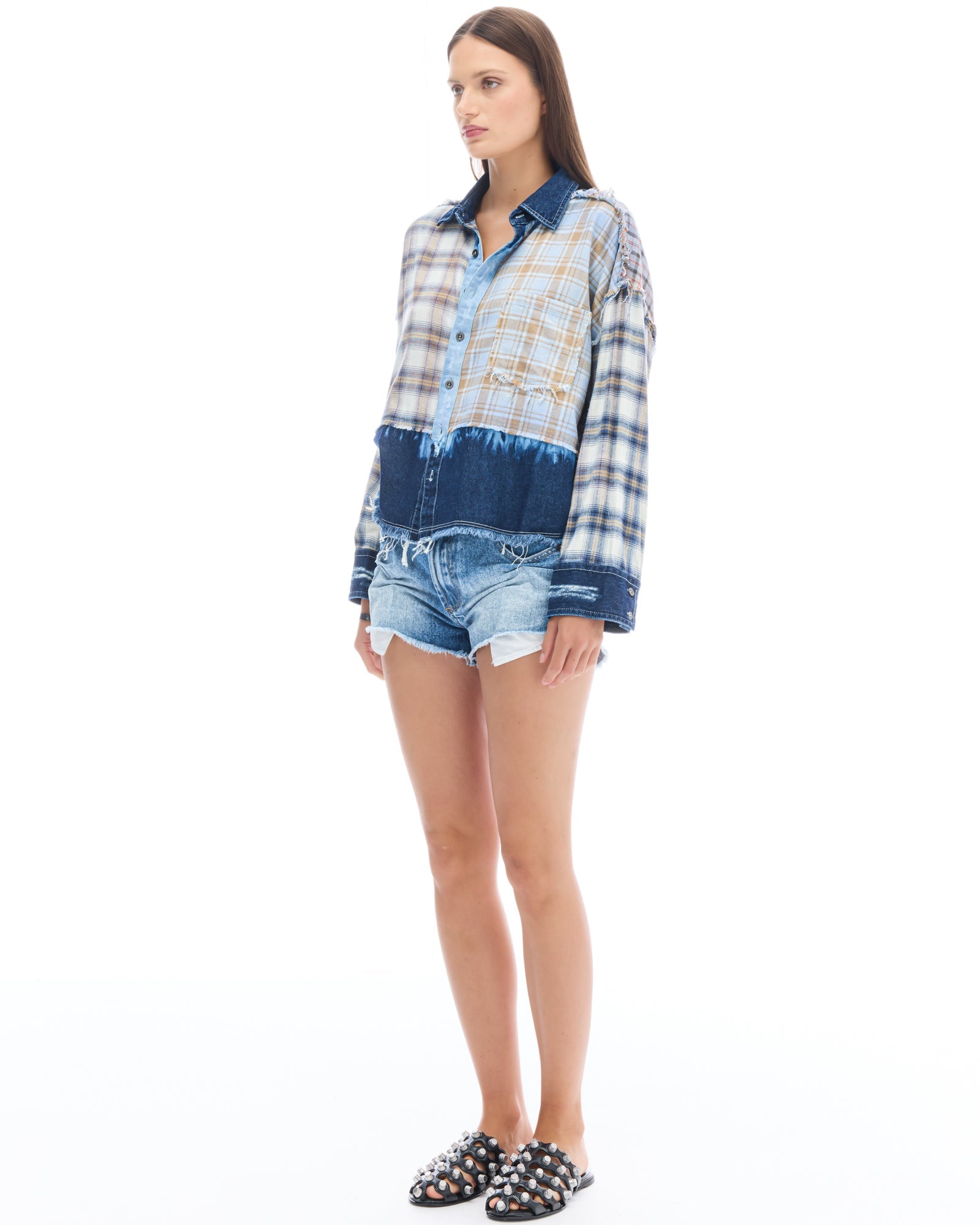Mixed Flannel And Denim Shirt by THE TALES - back view
