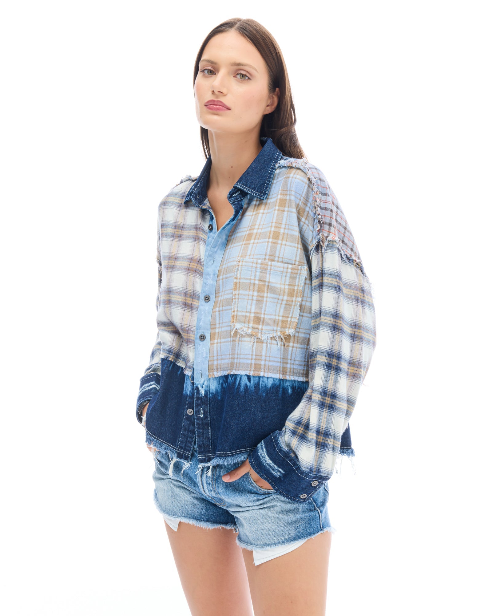Mixed Flannel And Denim Shirt by THE TALES - front view