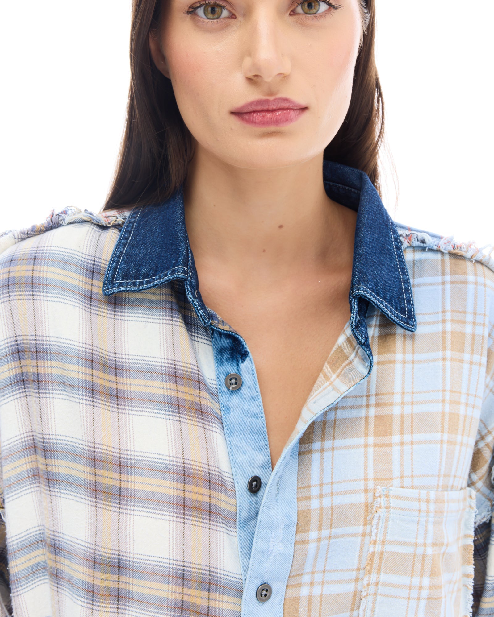 Mixed Flannel And Denim Shirt by THE TALES - close-up detail