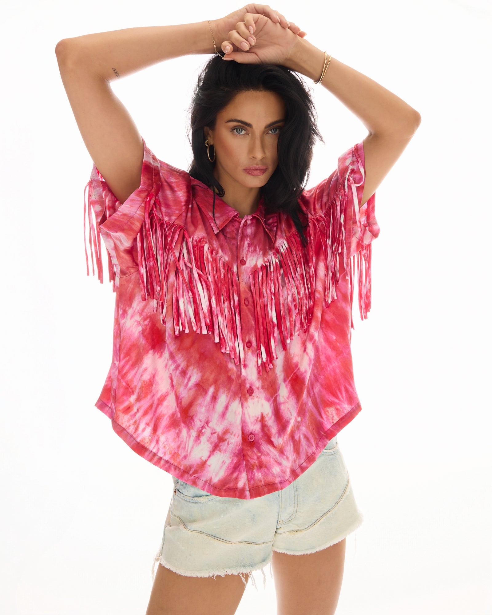 Ibiza Sky Hand Dyed Fringed Shirt by THE TALES - front view