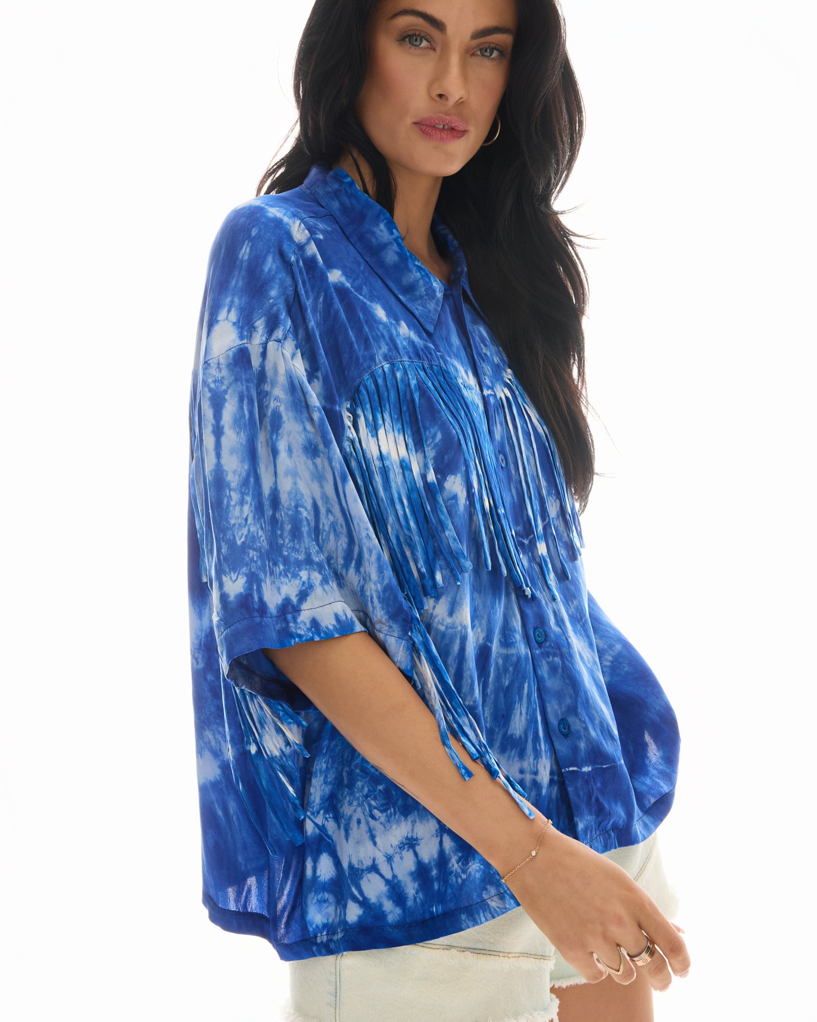 Ibiza Sky Hand Dyed Fringed Shirt by THE TALES - product photo