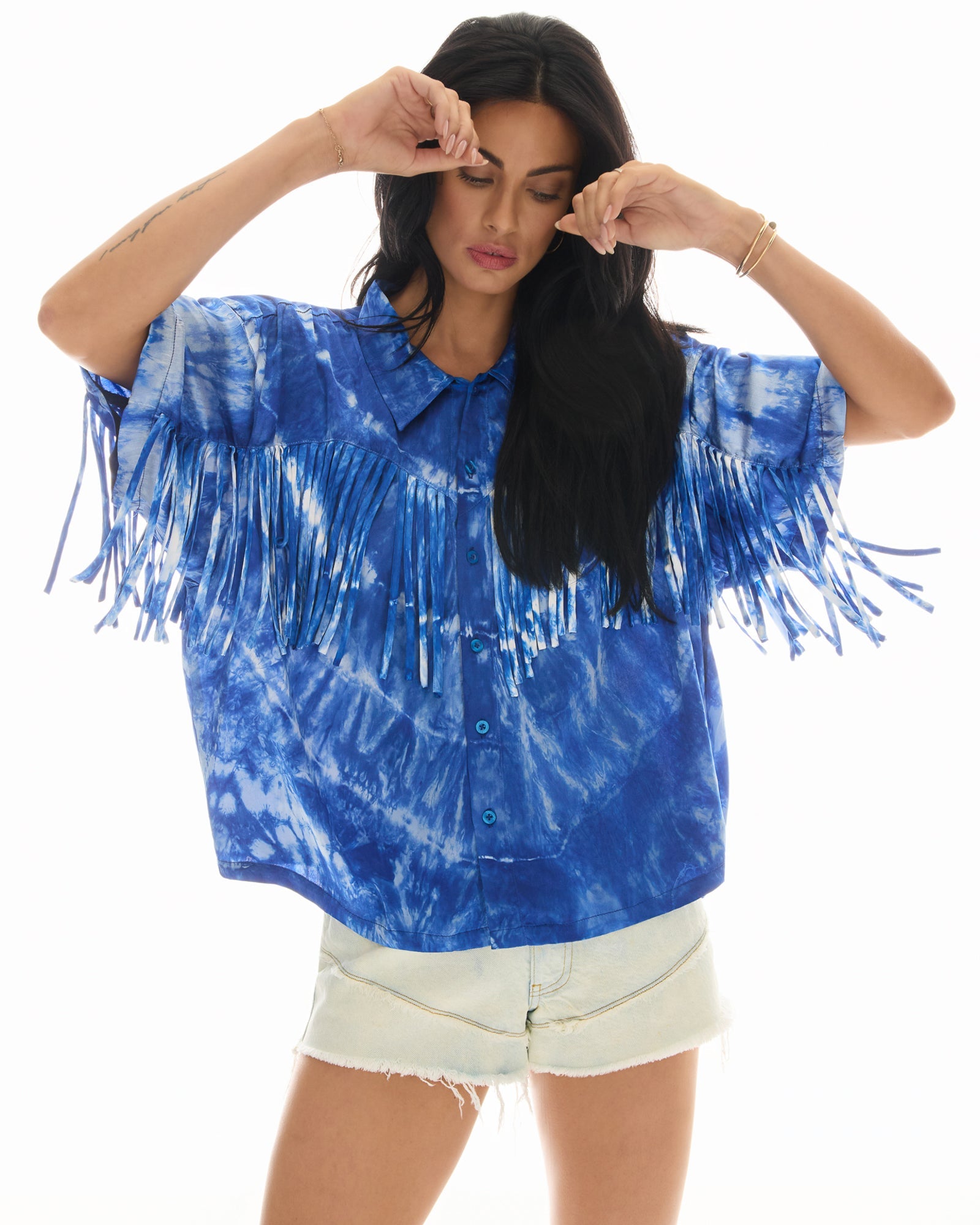 Ibiza Sky Hand Dyed Fringed Shirt by THE TALES - front view
