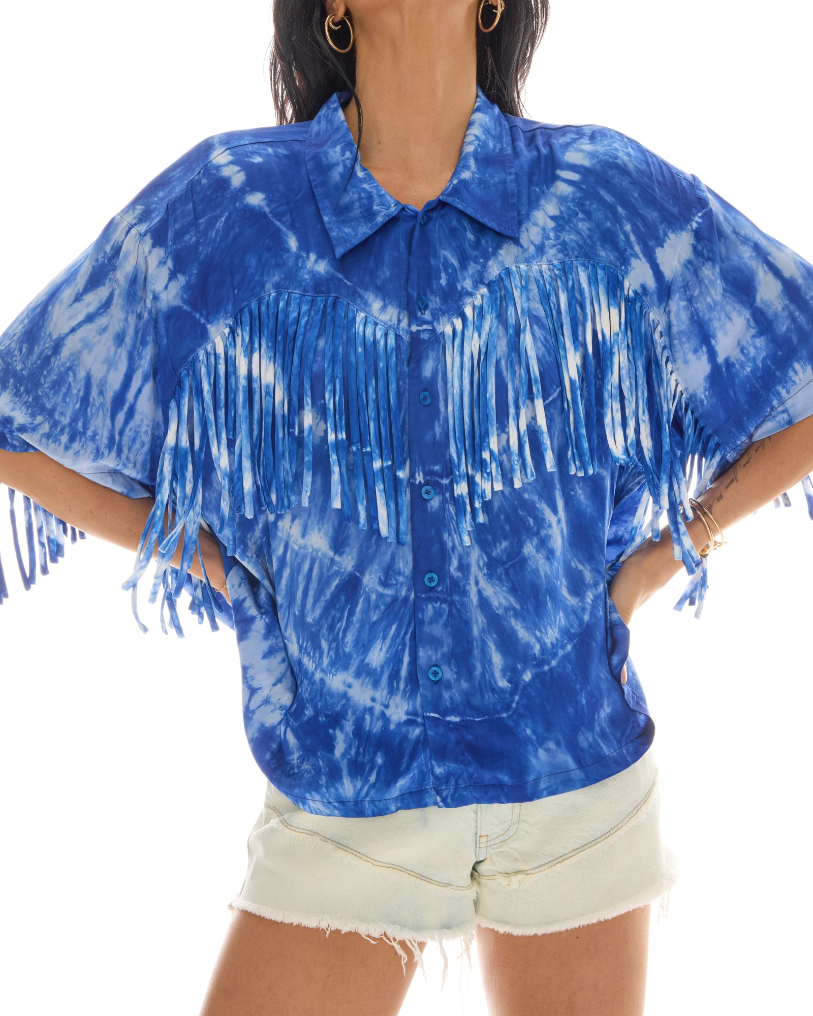 Ibiza Sky Hand Dyed Fringed Shirt by THE TALES - product photo