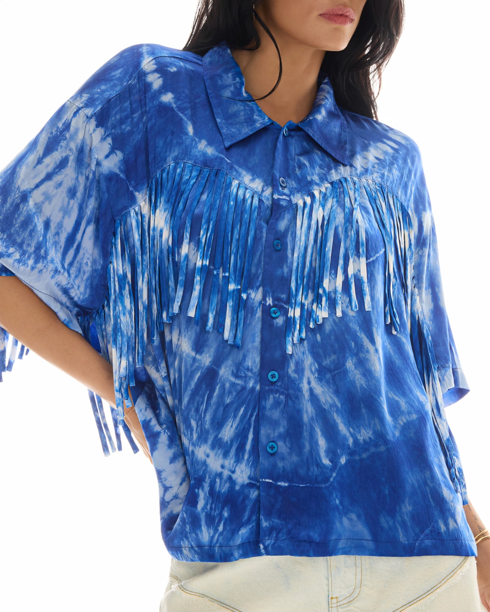 Ibiza Sky Hand Dyed Fringed Shirt by THE TALES - product photo