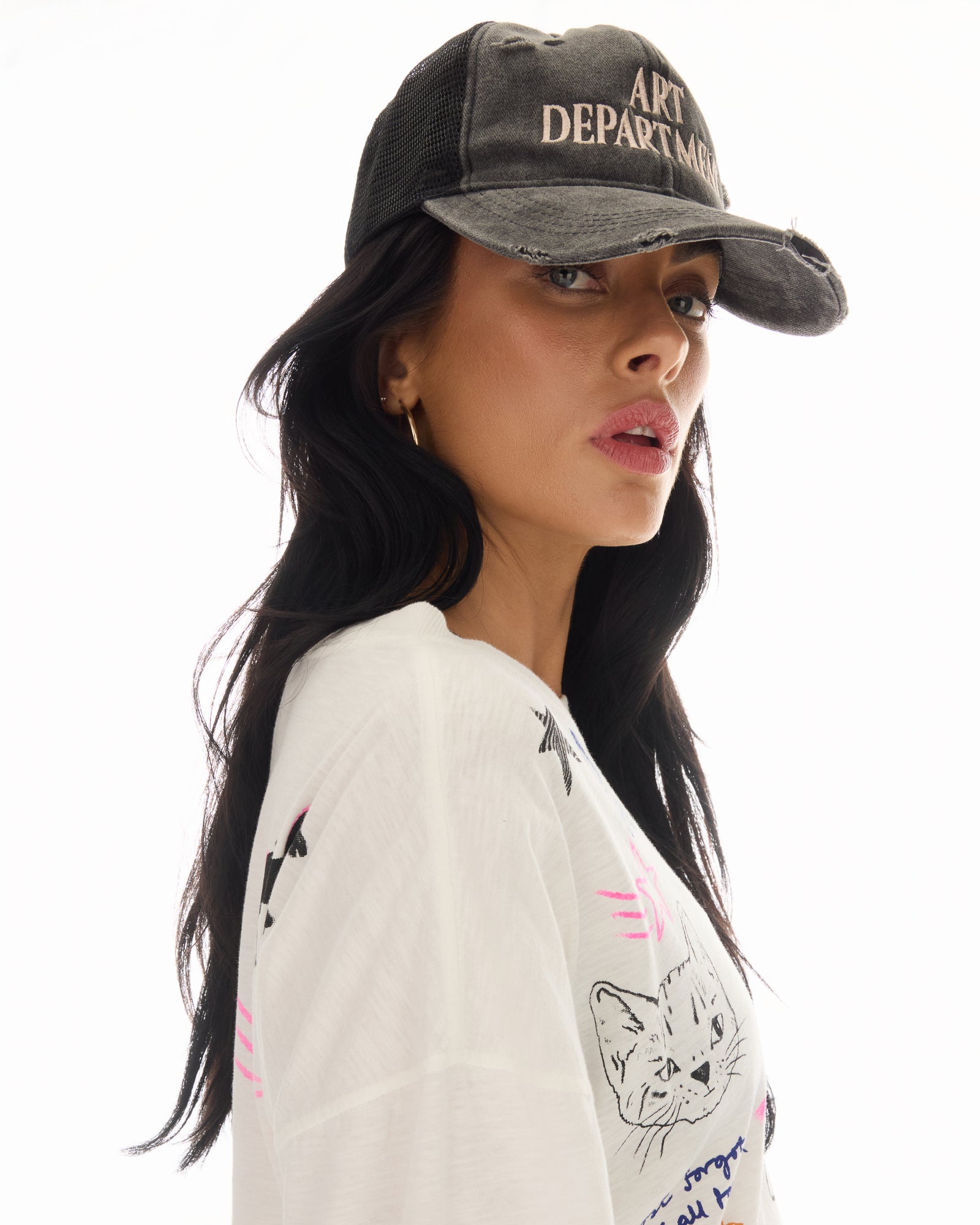 Destroyed Art Department Black Trucker Cap by THE TALES - detail view