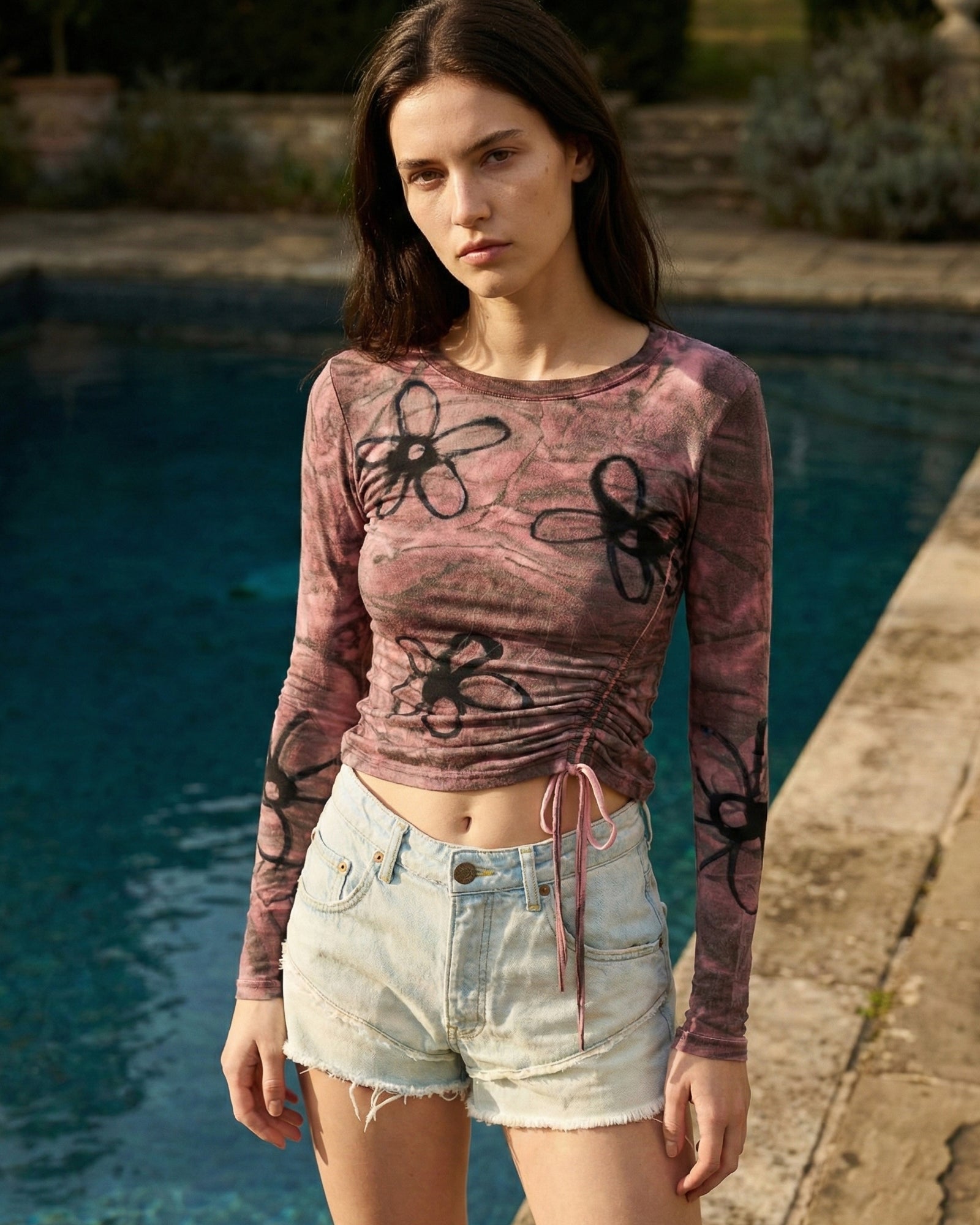 Hand Sprayed Flower Bamboo Ruched Top by THE TALES - product photo